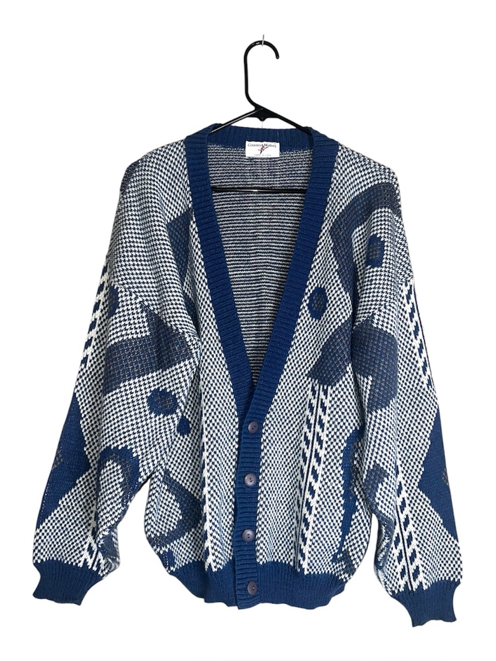 Vintage Country Matters Blue White Geometric Abstract Button Up Cardigan Sz L